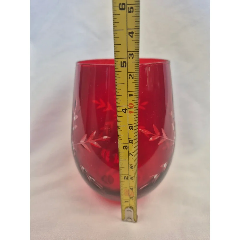 Set of 2 Ruby Red Cut Snowflake Stemless Wine Glasses Handmade Holiday Christmas